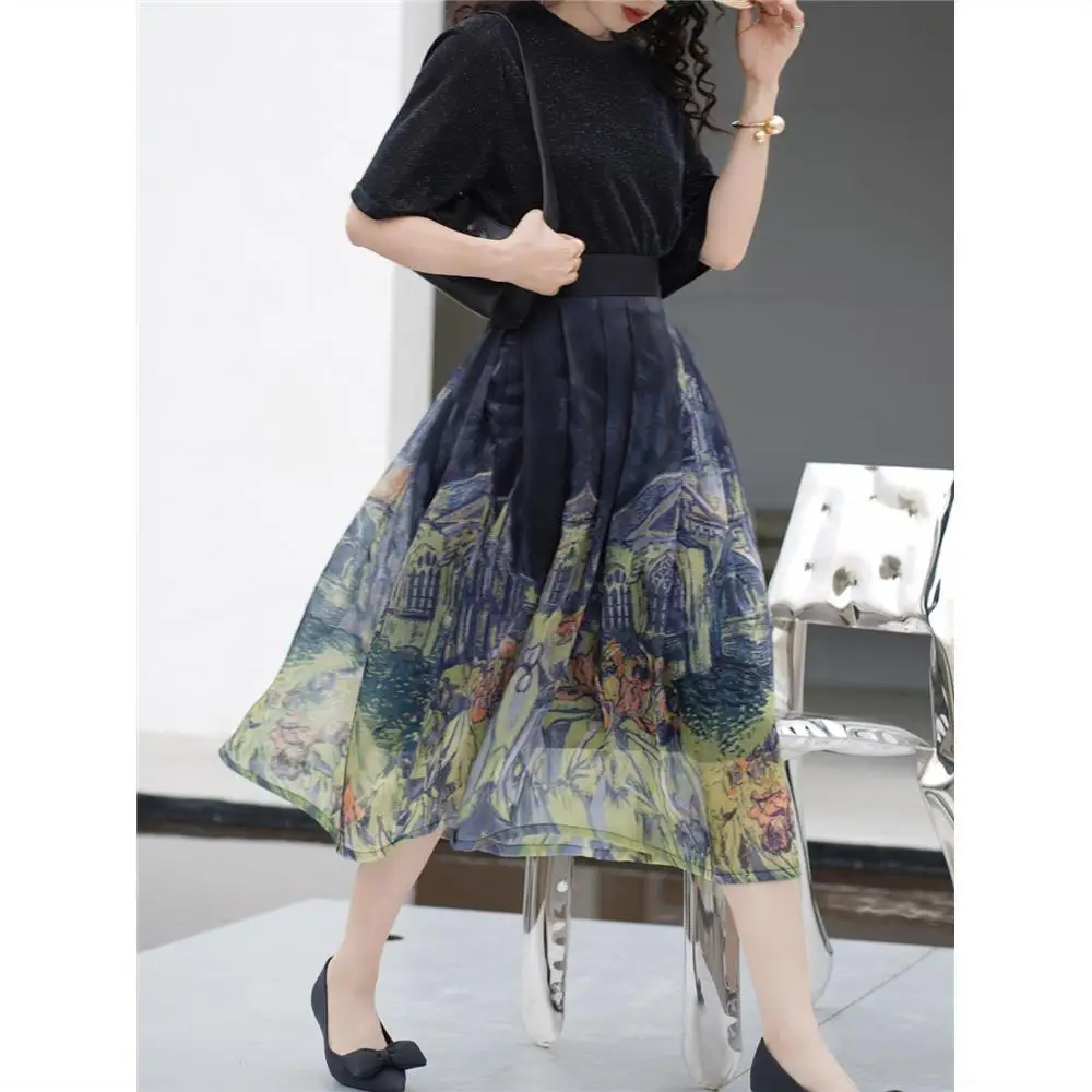 Temperament Elegant Fashion High Waist Irregular Skirts Lace Printing Streetwear A-line Skirt Korean Women's Clothes 2023