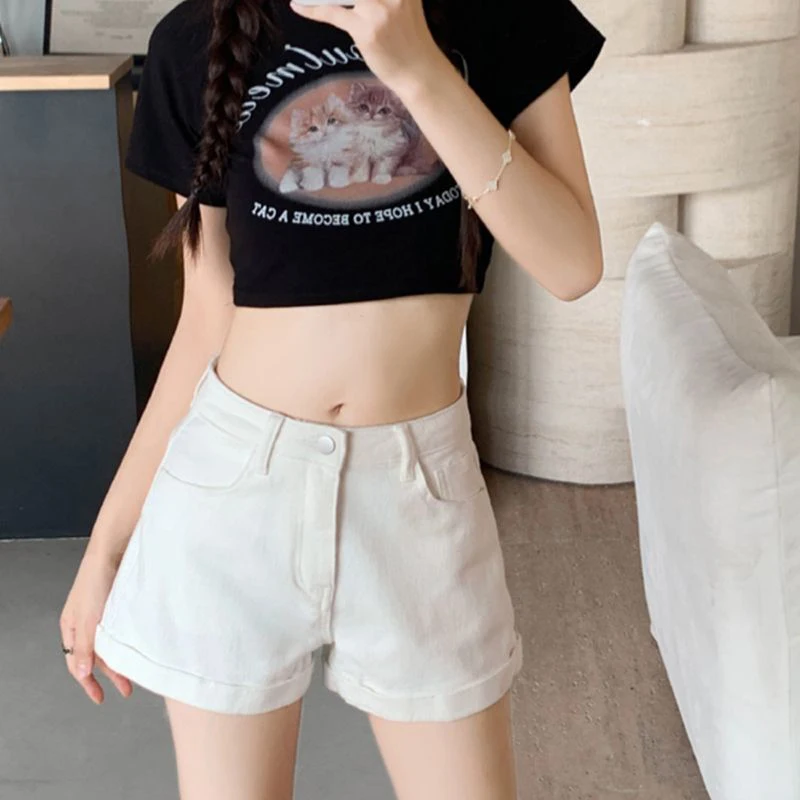 

Summer Women Slim Fit Thin Jeans Lady Classic Korean High Waist Short Pants Girls Ins Fashion Solid Color Denim Shorts
