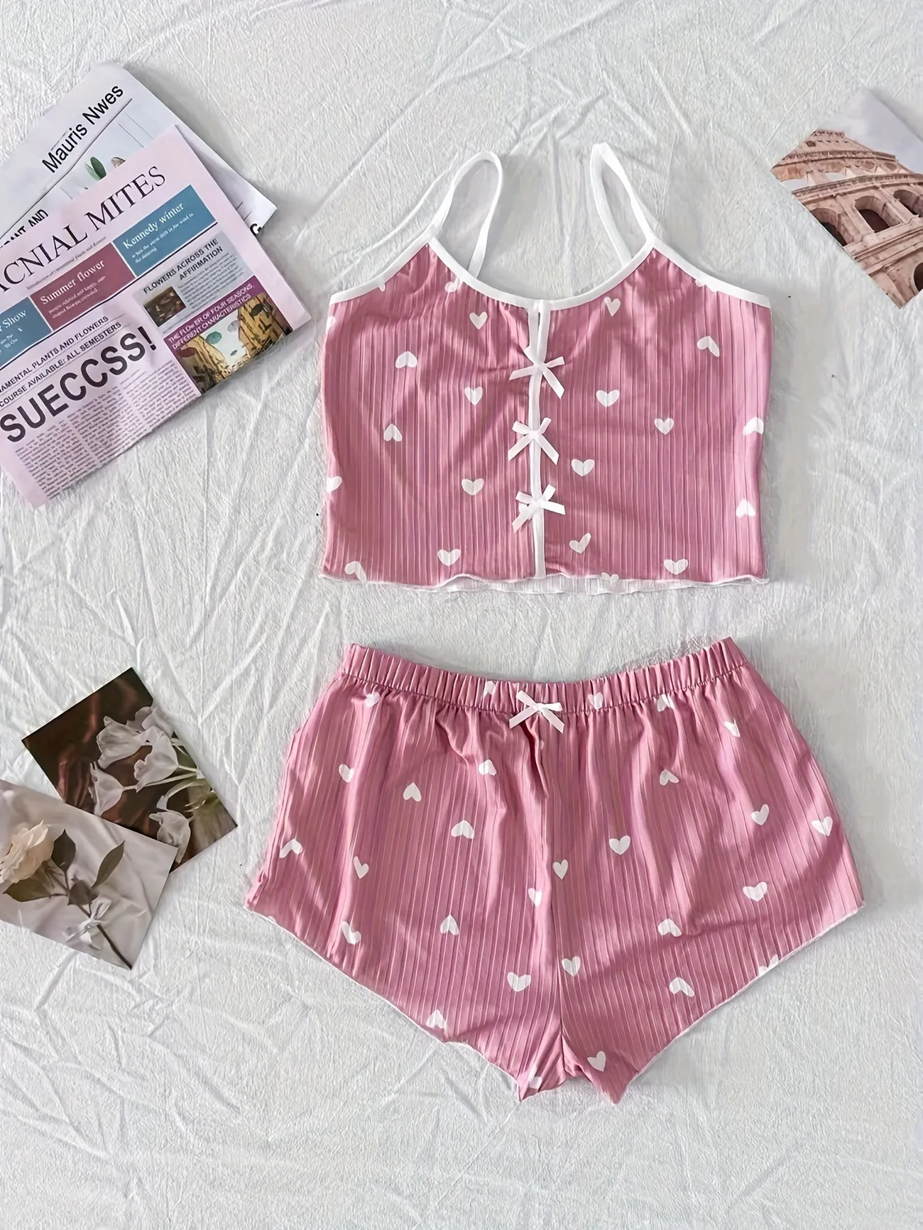 Women Heart Print Ribbed Pajama Set Bow Decor Crop Cami Top and Elastic Shorts Summer Sleepwear Lounge Set