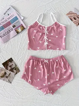 Women Heart Print Ribbed Pajama Set Bow Decor Crop Cami Top and Elastic Shorts Summer Sleepwear Lounge Set