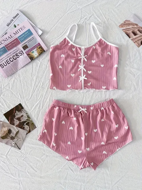 Conjunto de Pijama Feminino com Estampa de Coração, Top Cropped com Laço e Shorts Elásticos, Roupas de Verão para Dormir
