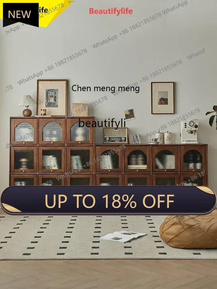 

P178 lt Solid Wood Display Cabinet Bookcase with Glass Door Dust-Proof Arch Storage Low Cabinet Living Room Retro Storage