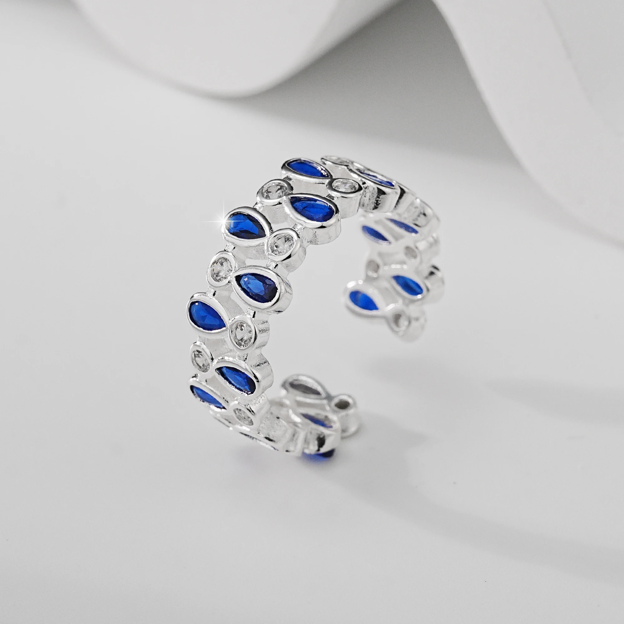 925 Sterling Silver Open Ring for Women Blue Pear Cut Cubic Zirconia Adjustable Finger Ring Statement Jewelry Gift