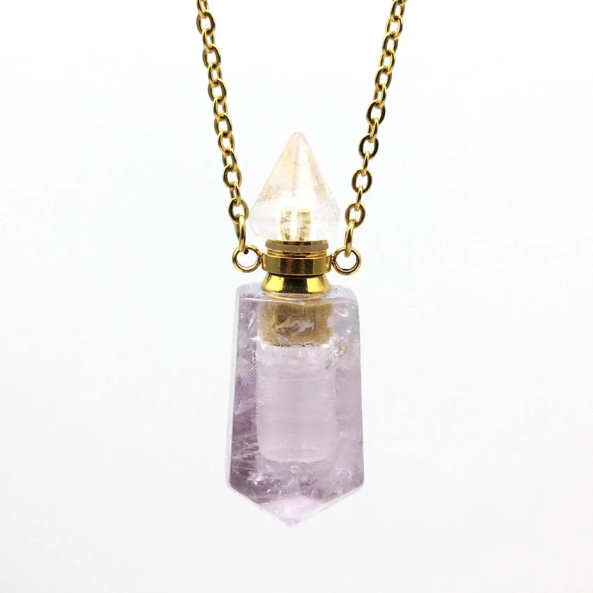 

Unique Style Natural Gem Stone Pendant Necklace Hexagon Section Golden Stainlesssteel perfume bottle Lovers Jewelry