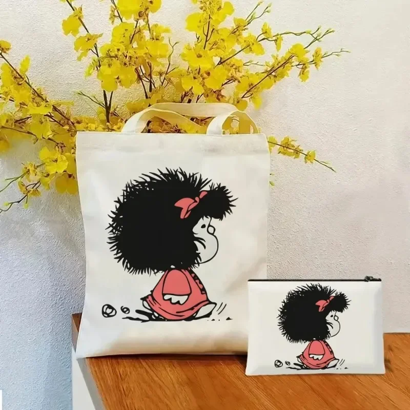 

2 Pcs Mafalda Tote Cosmetic Organizer Ladies Canvas Fashion Shoulder Bag Eco-friendly Large Capacity Shopping Bag Wallet