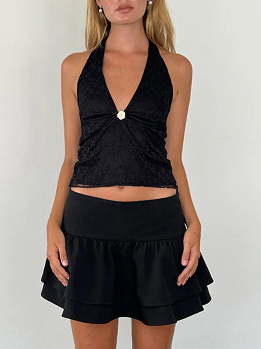 Tank top Halter tanpa lengan wanita, rompi Crop renda bunga 3D leher V dalam, tanpa lengan pas badan untuk pesta klub koktail