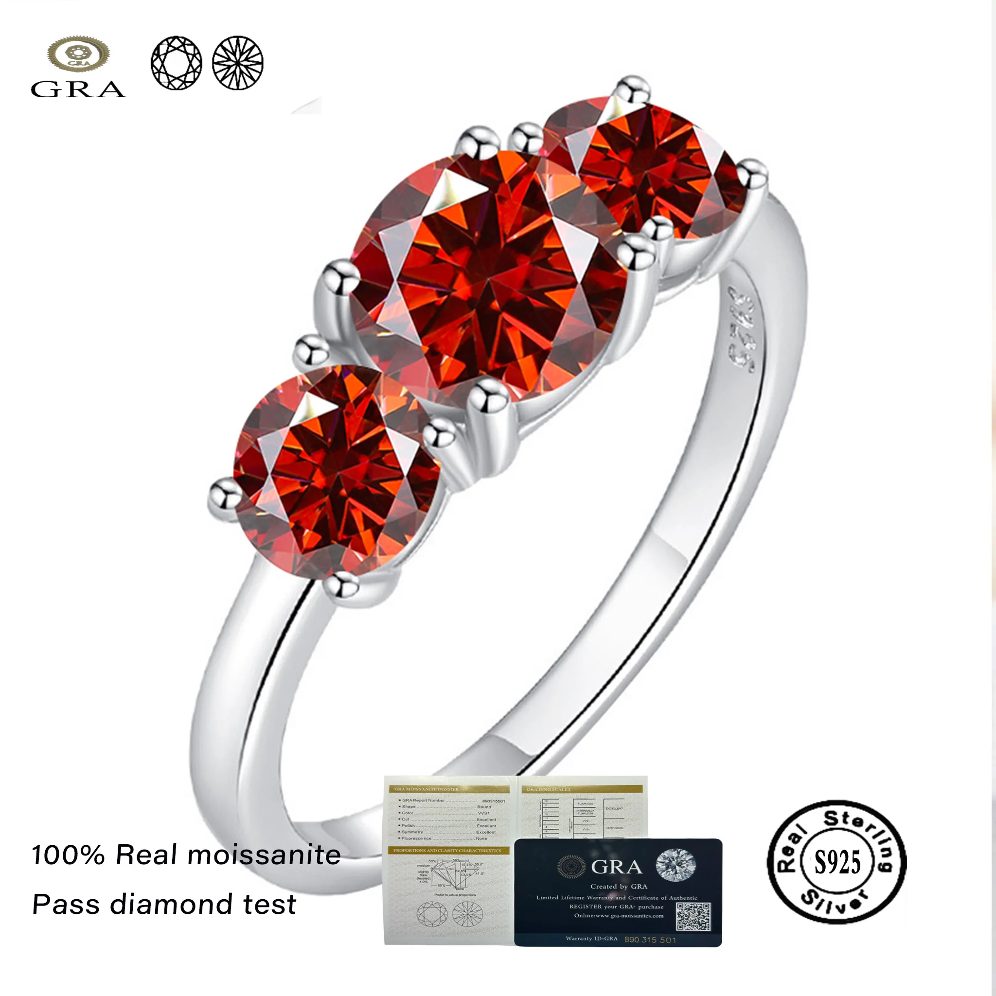 Total 4.0 carat D Color Moissanite Three Stone Engagement Ring 925 Silver Rings 18K Gold Plated Customs Jewelry Wholesale