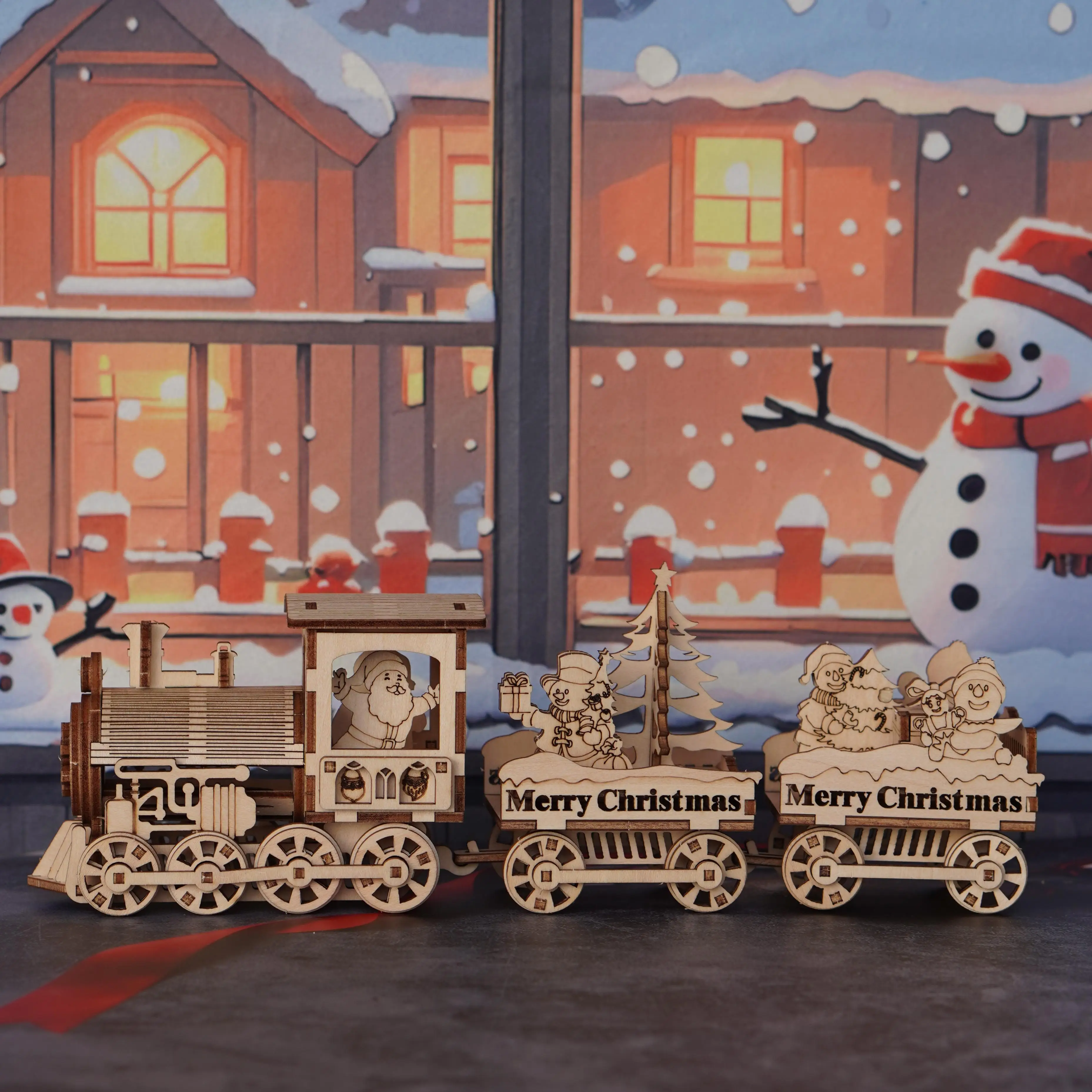 ألعاب ألغاز خشبية ثلاثية الأبعاد مناسبة للبالغين، نماذج تجميع قطار عيد الميلاد، نموذج مكعبات بناء خشبية مصنوعة يدويًا #1