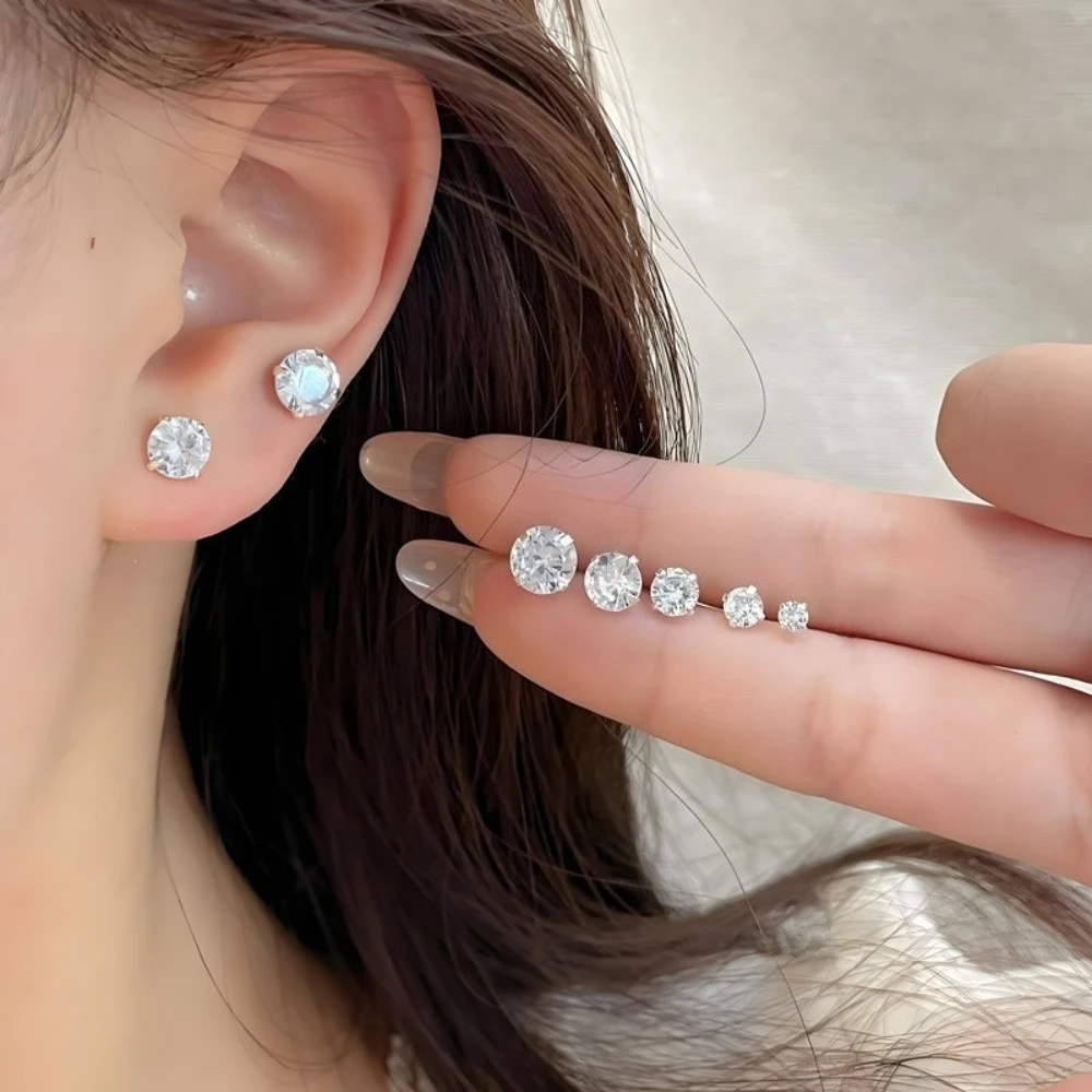 Fashion Sparkling Round Zircon Stud Earrings for Women Multi‑Size Shiny Crystal Ear Piercing Y2K Jewelry Accessories Party Gifts