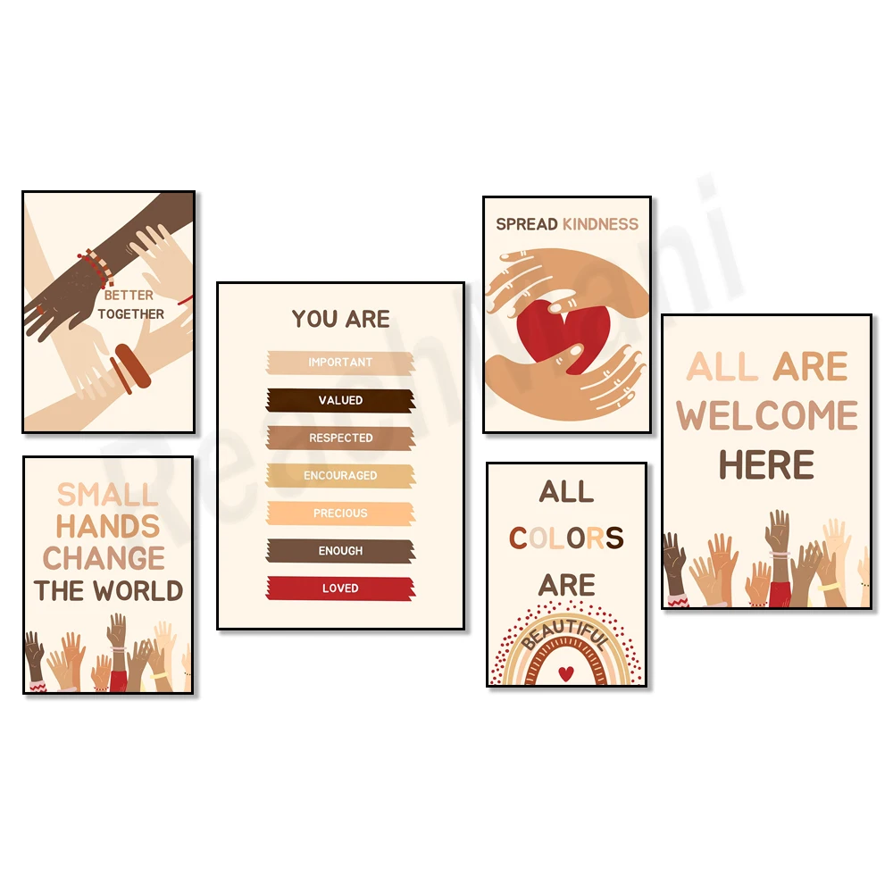 All are welcome, classroom decorations, diversity art, printable posters for elementary school students, motivational quotes.