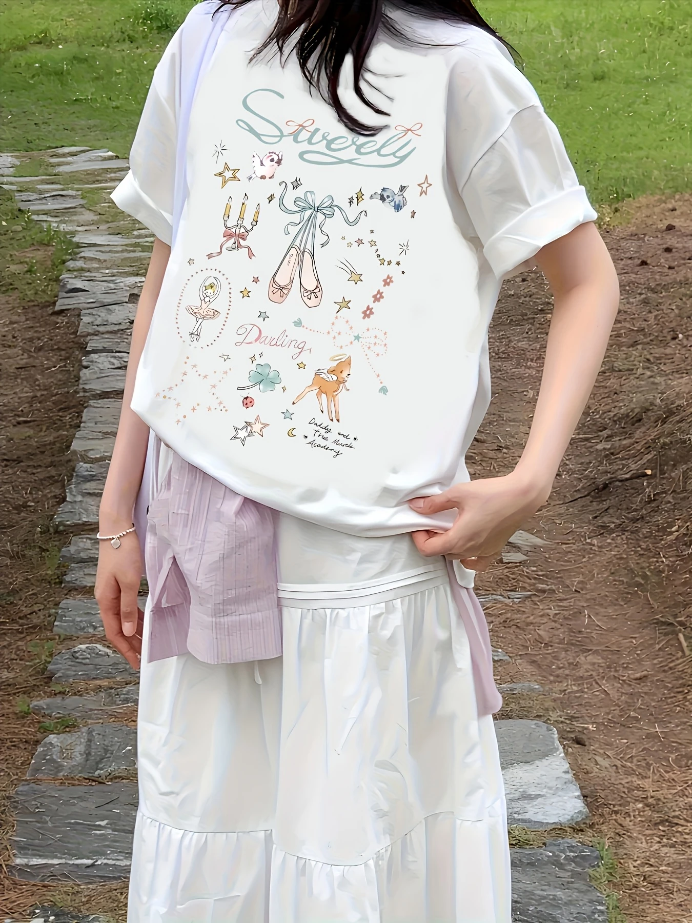 Y2K cartoon dance shoe pattern letter print round neck short sleeved T-shirt stylish casual trend versatile women's top