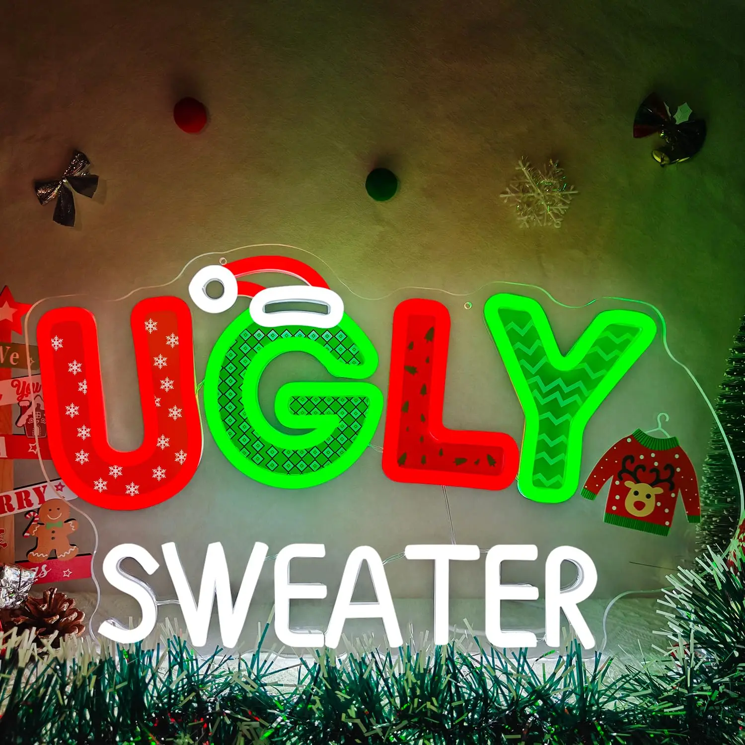 醜いセーターのクリスマスネオンサイン-壁飾り用-uv印刷-調光スイッチ付き-赤緑ライトアップサイン-パーティー背景-ホームギフト