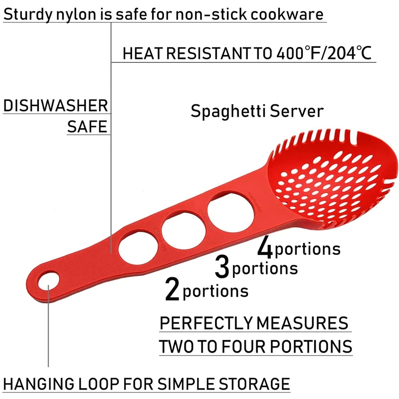 Nylon Spaghetti Server Non-Stick Pasta Fork Slotted Spoon Food Strainer with Spaghetti Measure Tool Strainer Ladle