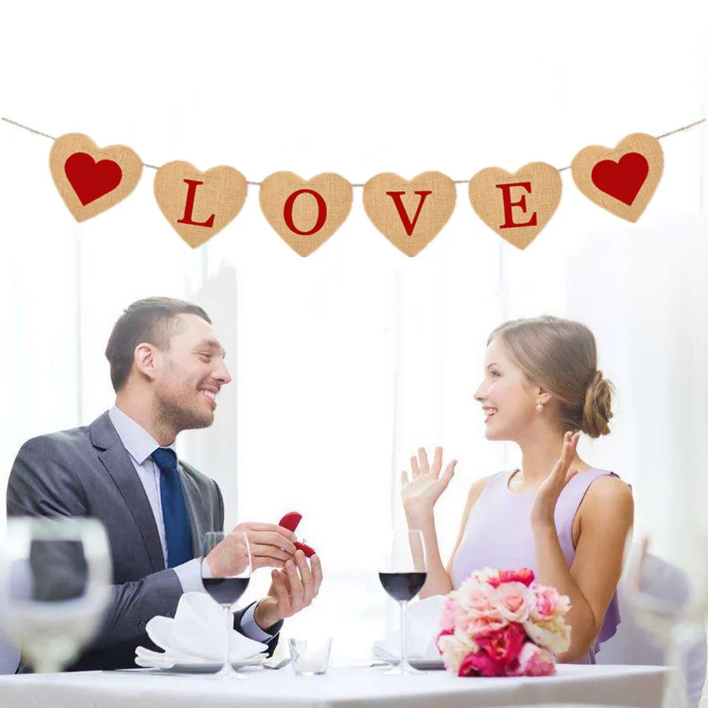 

1pc Linen Heart Decorative Bunting Banner For Birthday Valentine Wedding Party Hanging Decoration Celebration Flag Streamer