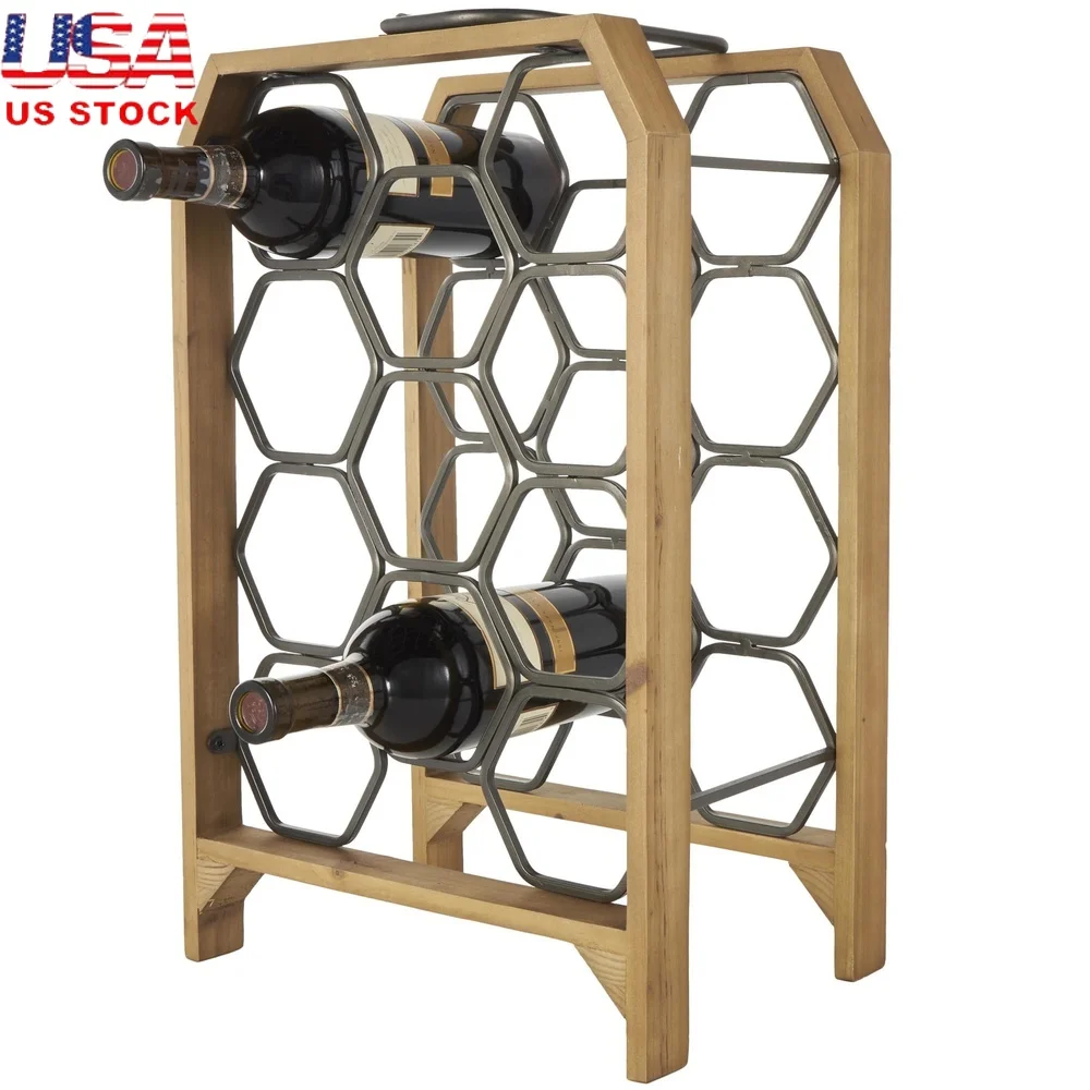 

Geometric Wine Rack 11 Bottles with Gray Metal Holders Stylish Brown Wood Storage Solution Kitchen Dining Room