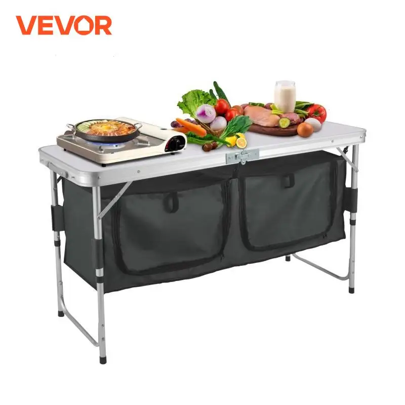 VEVOR-Table de Cuisine de Camping en Aluminium, Armoire de Pique-Nique Pliante Portable avec Rangement, 4 Pieds Réglables