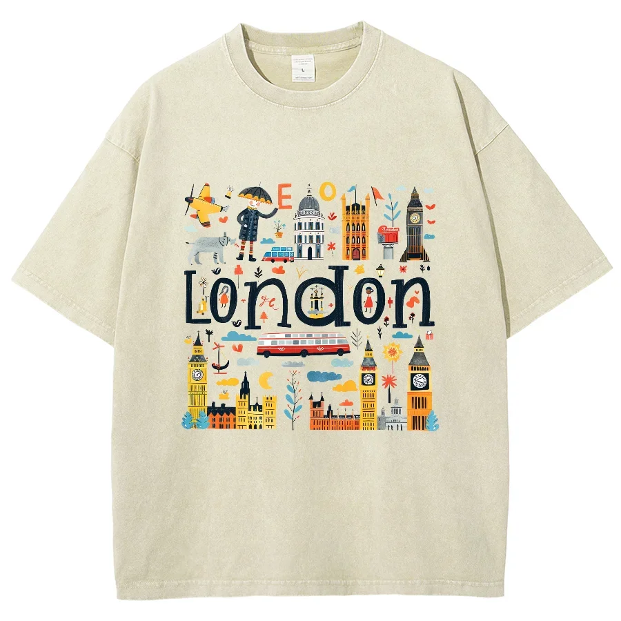 Y2K Washed T-shirt, UK City London Specialtie, 15 Colors Oversized Summer Streetwear Vintage Short Washed T-shirts For Women Men