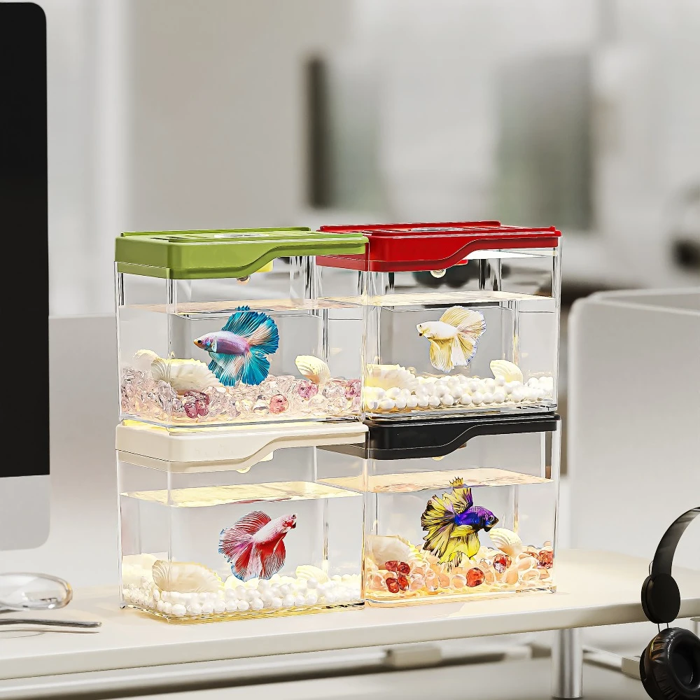 Aquarium Transparent Mini Fish Tank Drop Resistant Shatterproof Desktop Fish Tank Breathable Stackable Turtle Tank Living Room