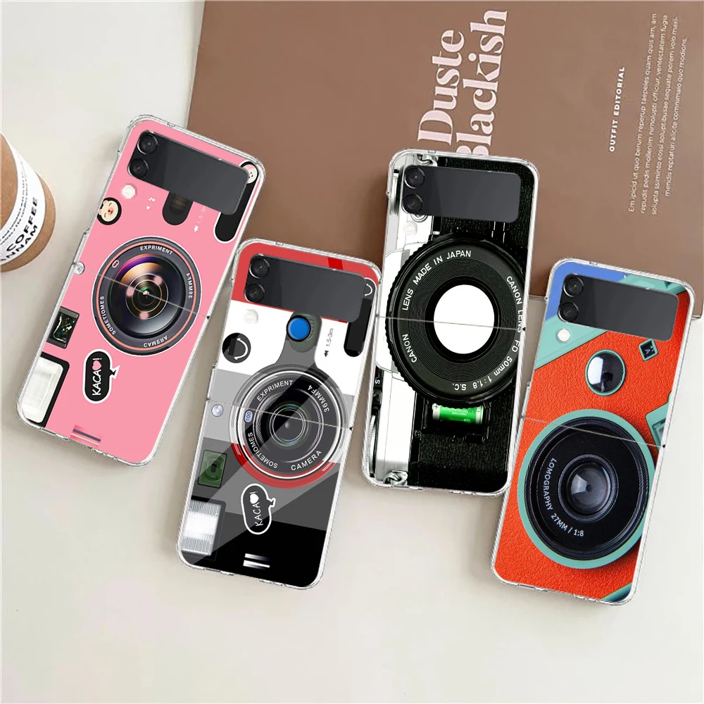 Transparent Phone Case For Samsung Galaxy Z Flip 3 4 5 6 7 Hard Folding PC Z Flip3 Flip4 Cover Retro Camera Vintage