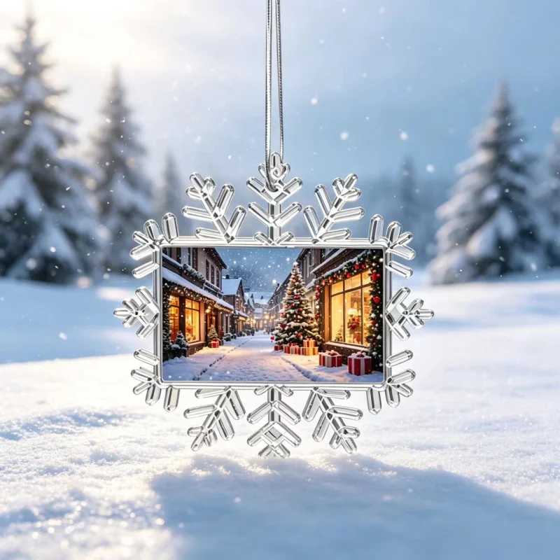 Custom photo snowflake Christmas ornament, double-sided print, rectangular frame hanging decoration unique and delicate