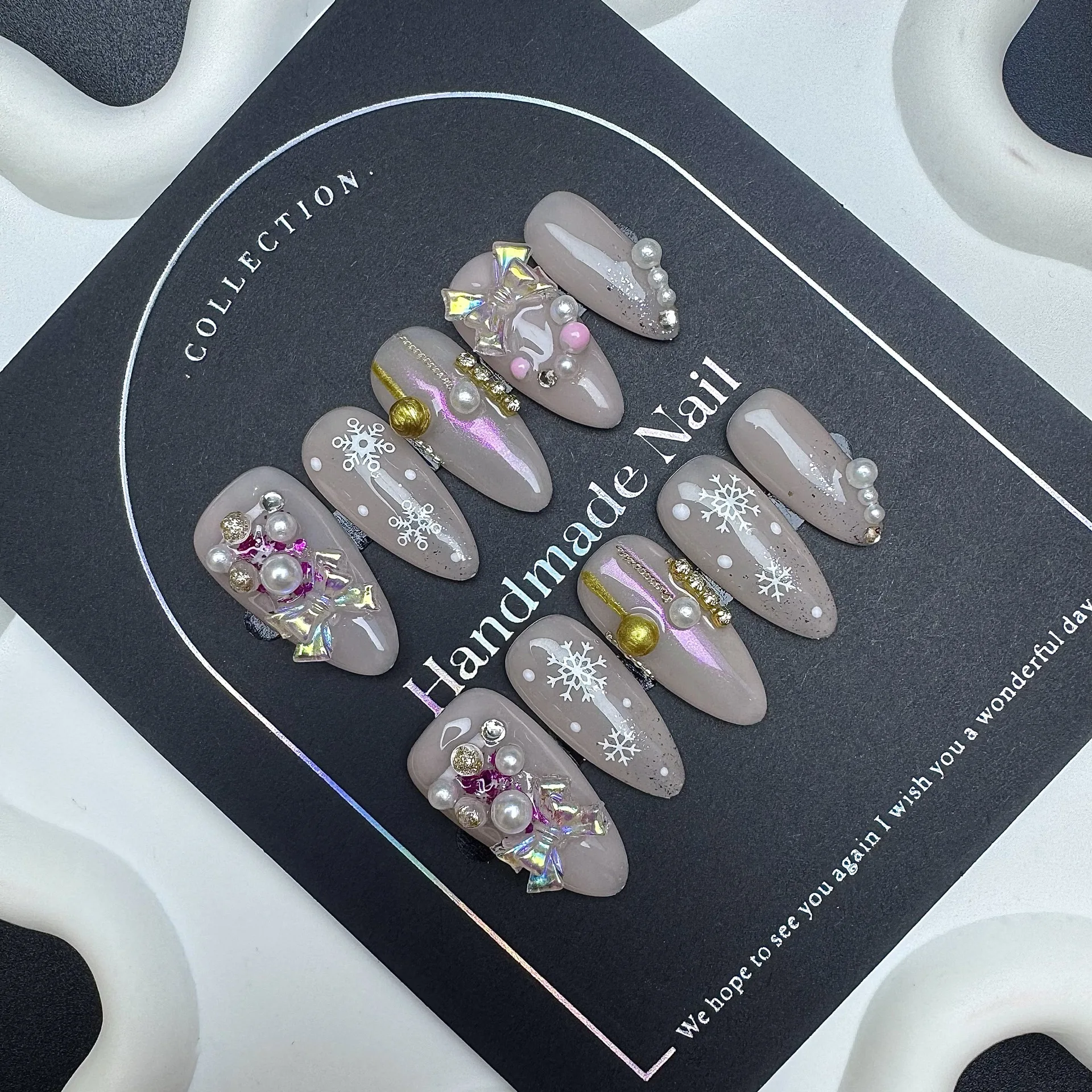 10 stuks handgemaakte pers op nagels kerst amandel naakt nepnagels draagbaar 3D kleurrijke strik parel bal ontwerp Y2k kunstnagels