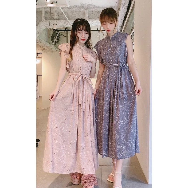 

WAKUTA Japanese Dress Women's 2024 Summer New Simple Printed Small Flying Sleeves Wrapped Waist Slim Fit Folded Vestidos