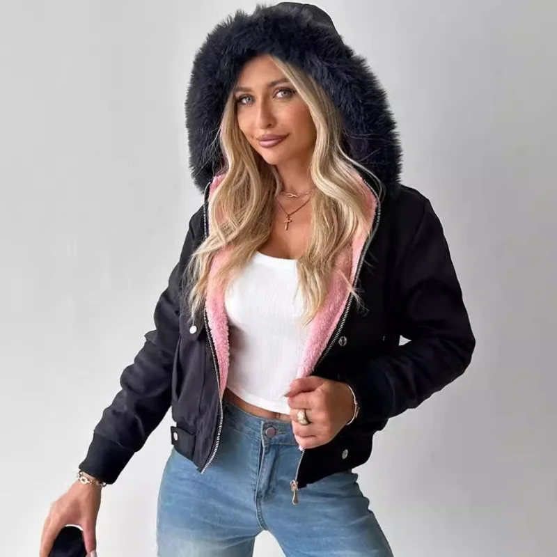 Autumn Winter Fleece Lining Crop Jacket Women Streetwear Zipper Coat Warm Winter Clothes Women Jackets Hooded Tops Black Khaki