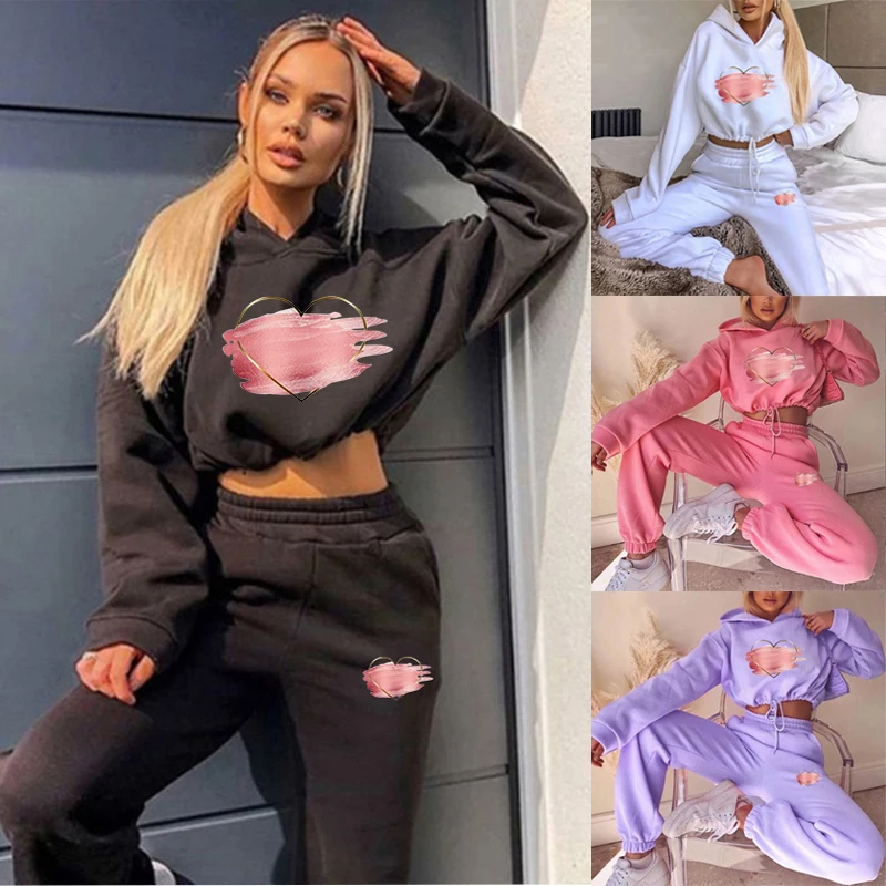 New Fashion Women Tracksuit Casual Long Sleeve Hoodies and Pants Tracksuit Heart Printed Jogging Suits