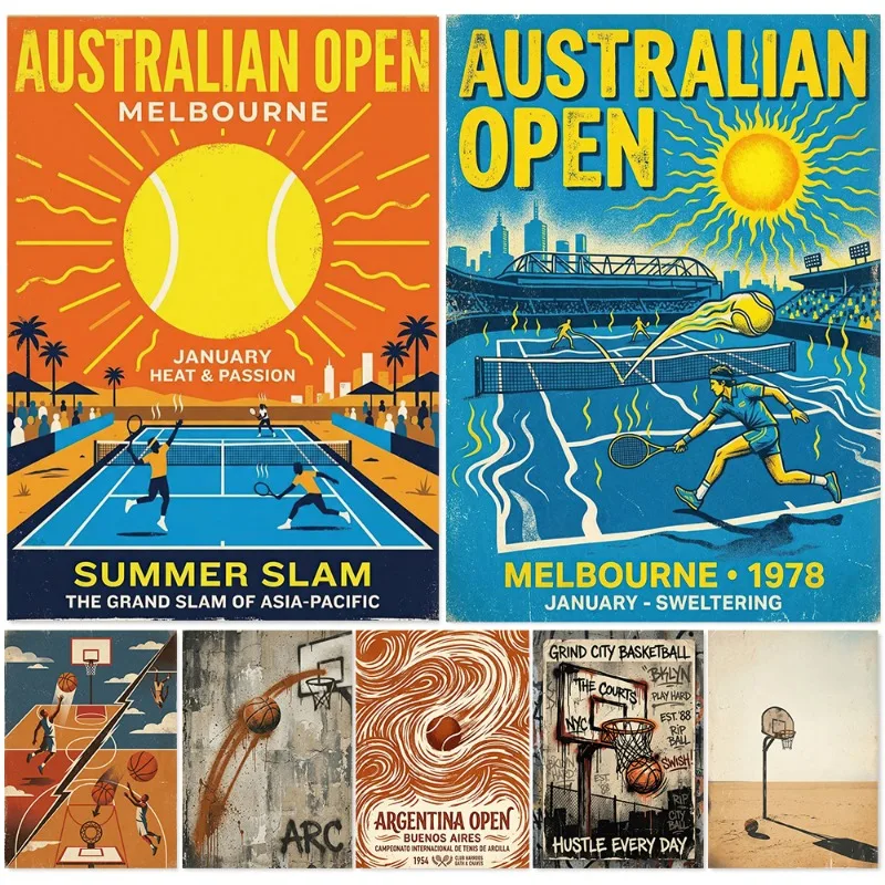 Vintage Tennis Basketball Wall Art Retro Urban Sports Poster Playful Sci-Fi Graffiti Canvas Print Street Art Painting for Decor
