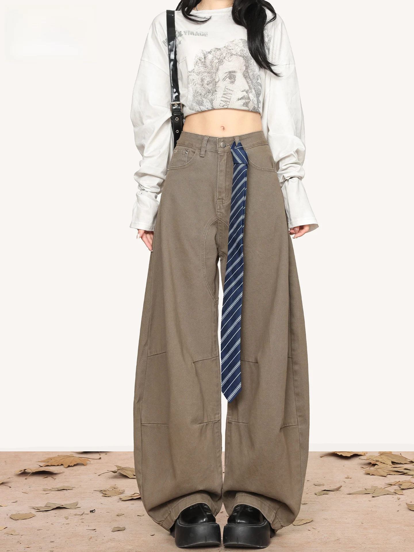 

American Style High Waist Knife Wide Leg Jeans Women's Coffee Color Summer Loose Slimming Floor Length Pants