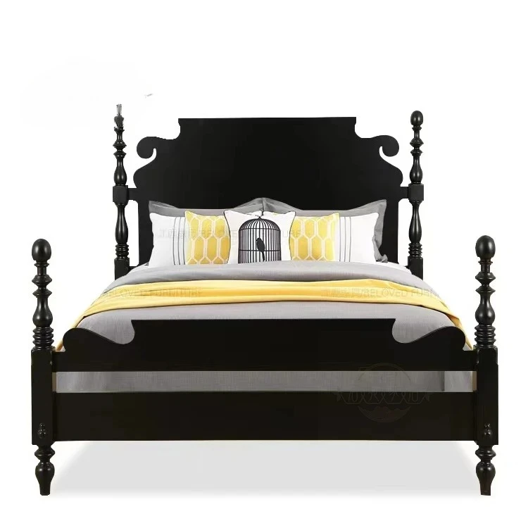 country solid wood simple column black double bed modern fashion