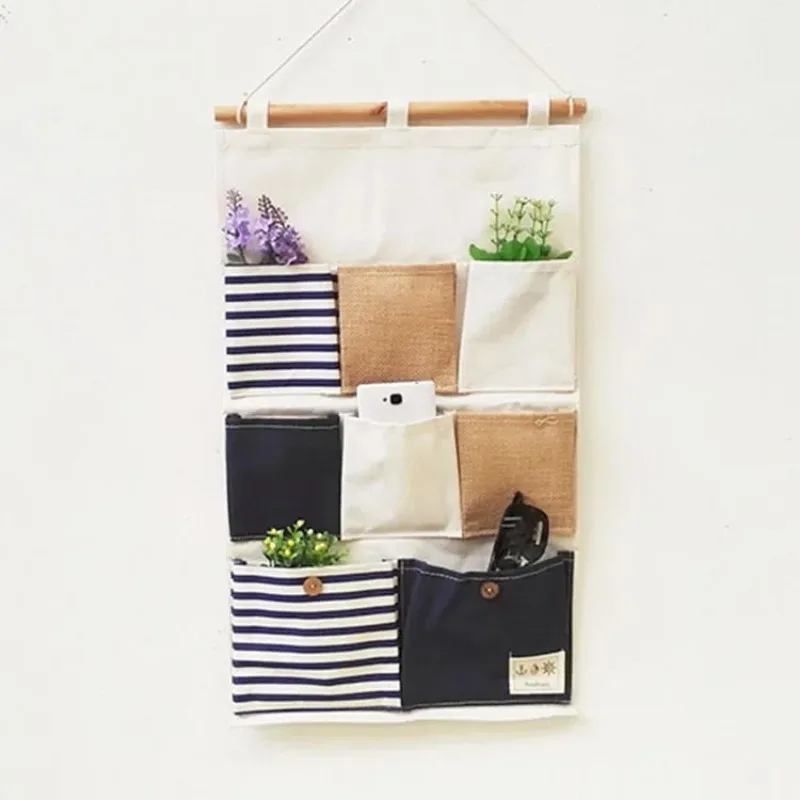 Striped six-pocket and eight-pocket bow storage bag kitchen and bathroom finishing wall-mounted cotton and linen hanging bag