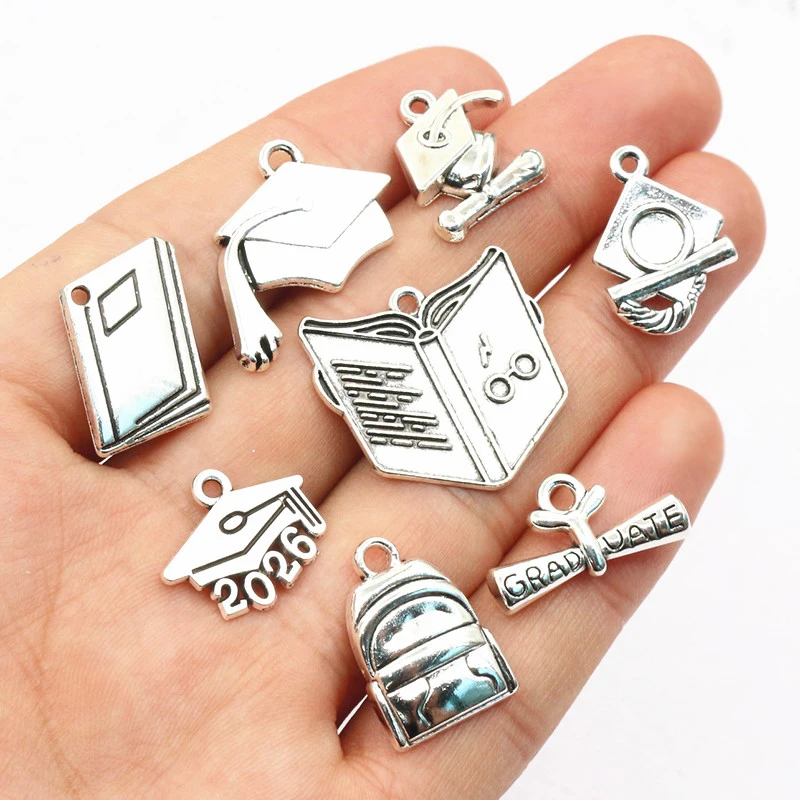 20pcs Book Mortarboard Graduation Hat Charms Pendant Antique Silver Color Alloy Metal DIY Jewelry Making Accessories Findings
