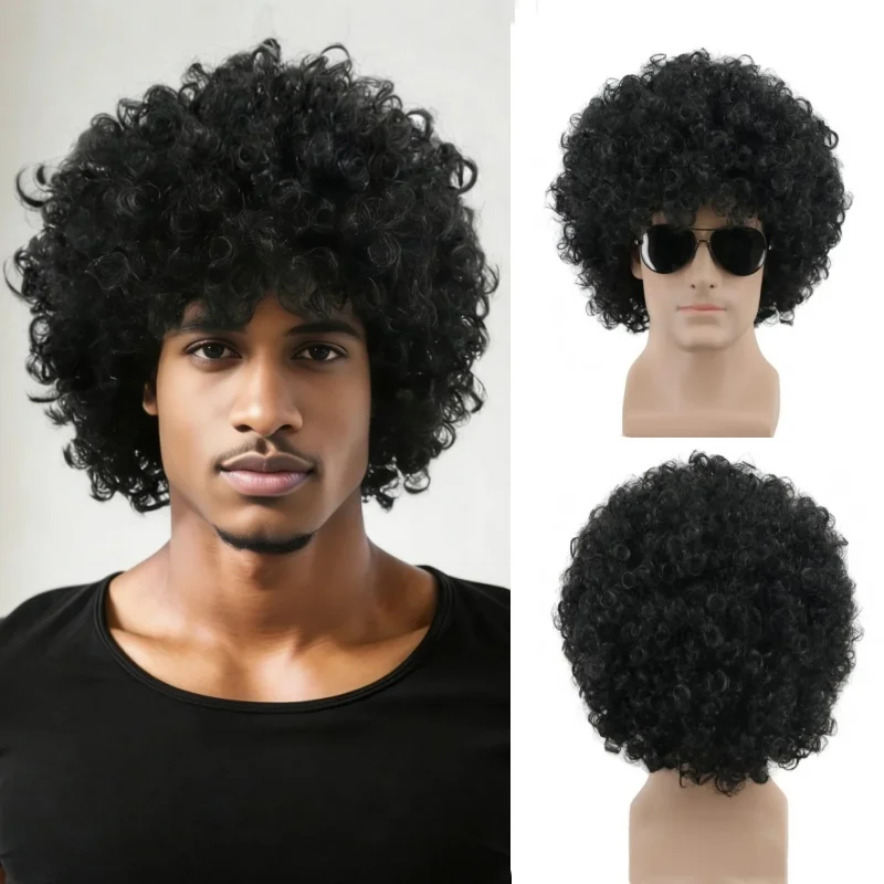 African Men Synthetic Wigs Fluffy Curly Hair Cap Daily Use Halloween Cosplay Party Headcover Props Hippie Rock Dance Wigs Hair