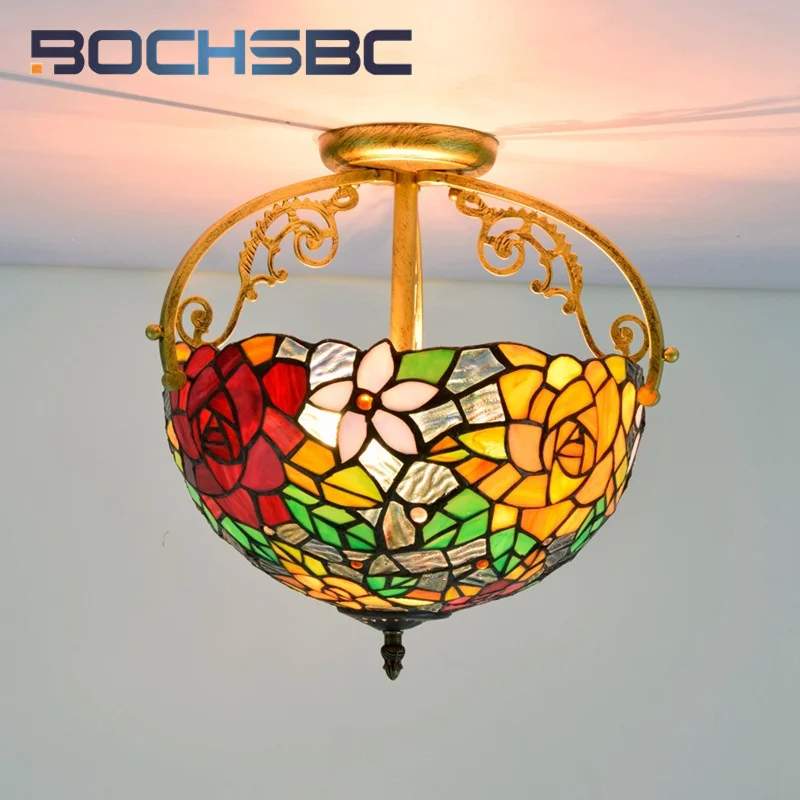 BOCHSBC Tiffany gorgeous rose stained glass 12inch chandelier adorns dining room bedroom hallway ceiling light pastoral style