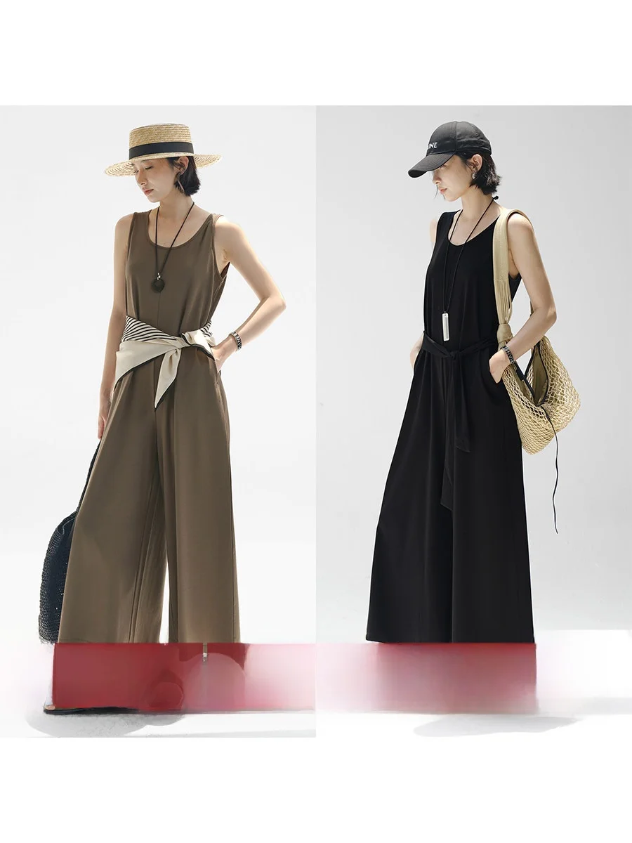 

Amyy Studios Casual Loose Smart Sle U-Ne Vest Wide Leg Jumpsuit Easy to Wear off Slimming Effect Ladies' Faion Pants