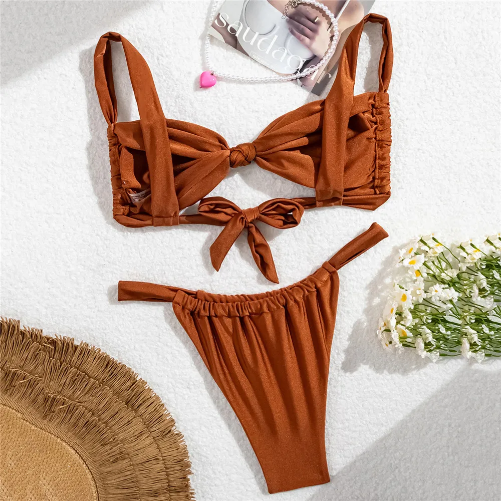 البني معقود مثير ملابس سباحة نسائية صغيرة ثونغ مجموعة ملابس السباحة النساء 2026 الساطع السيدات ملابس السباحة البسيطة ثوب السباحة البيكينيات دي Mujer Biquini #5