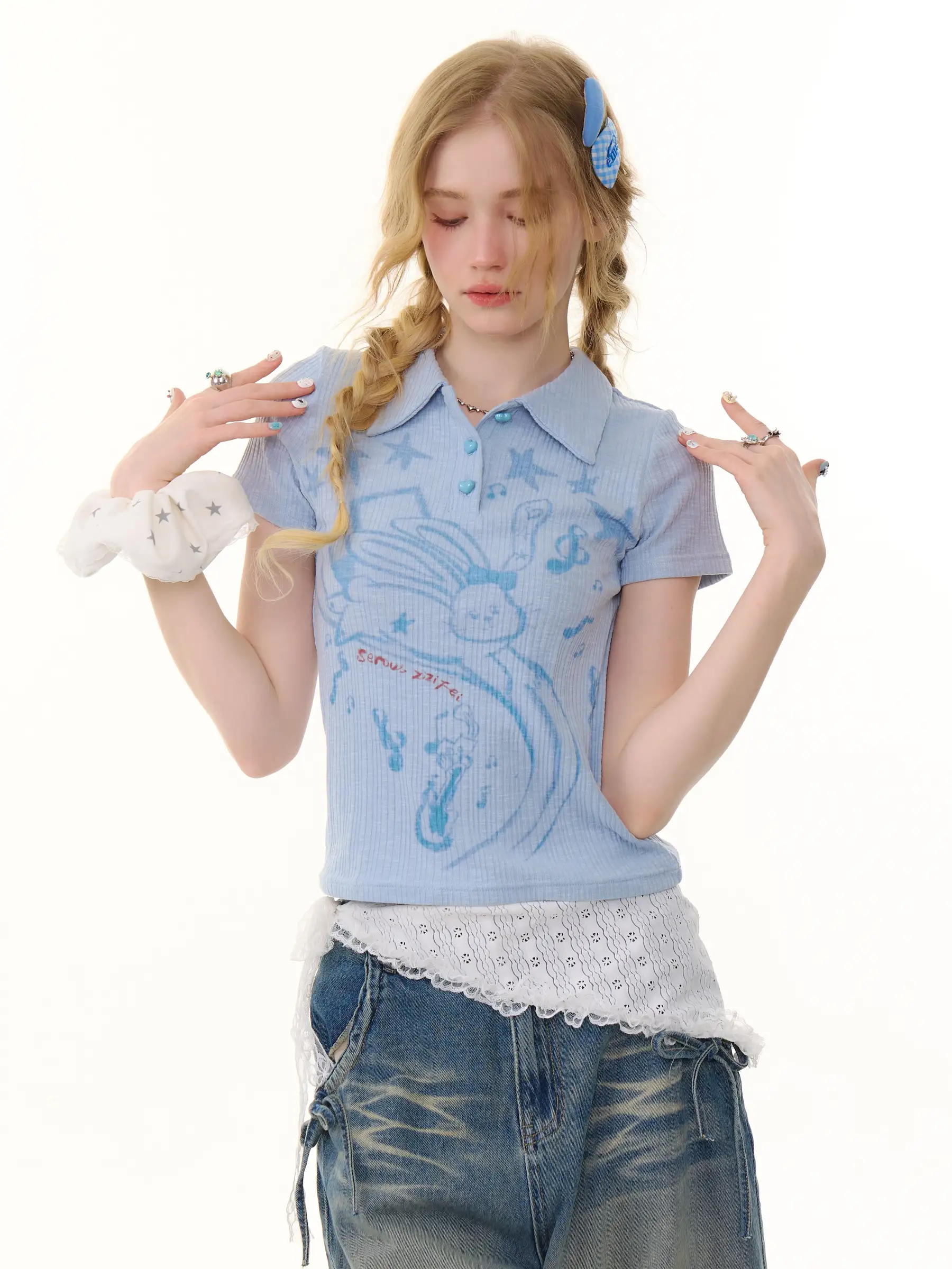 

Облегающая трикотажная футболка ort Sve Ne, женская летняя новинка, повседневный топ с принтом кролика в американском стиле ретро