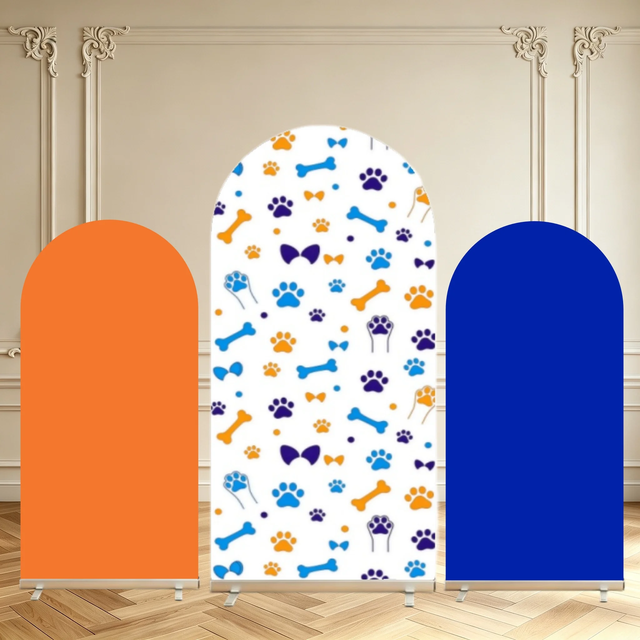 Puppy Dog Paw Print Arch Backdrop Cover Dog Bone Bow Pattern Kids Birthday Party Decoration Double Sided Arch Cover Background