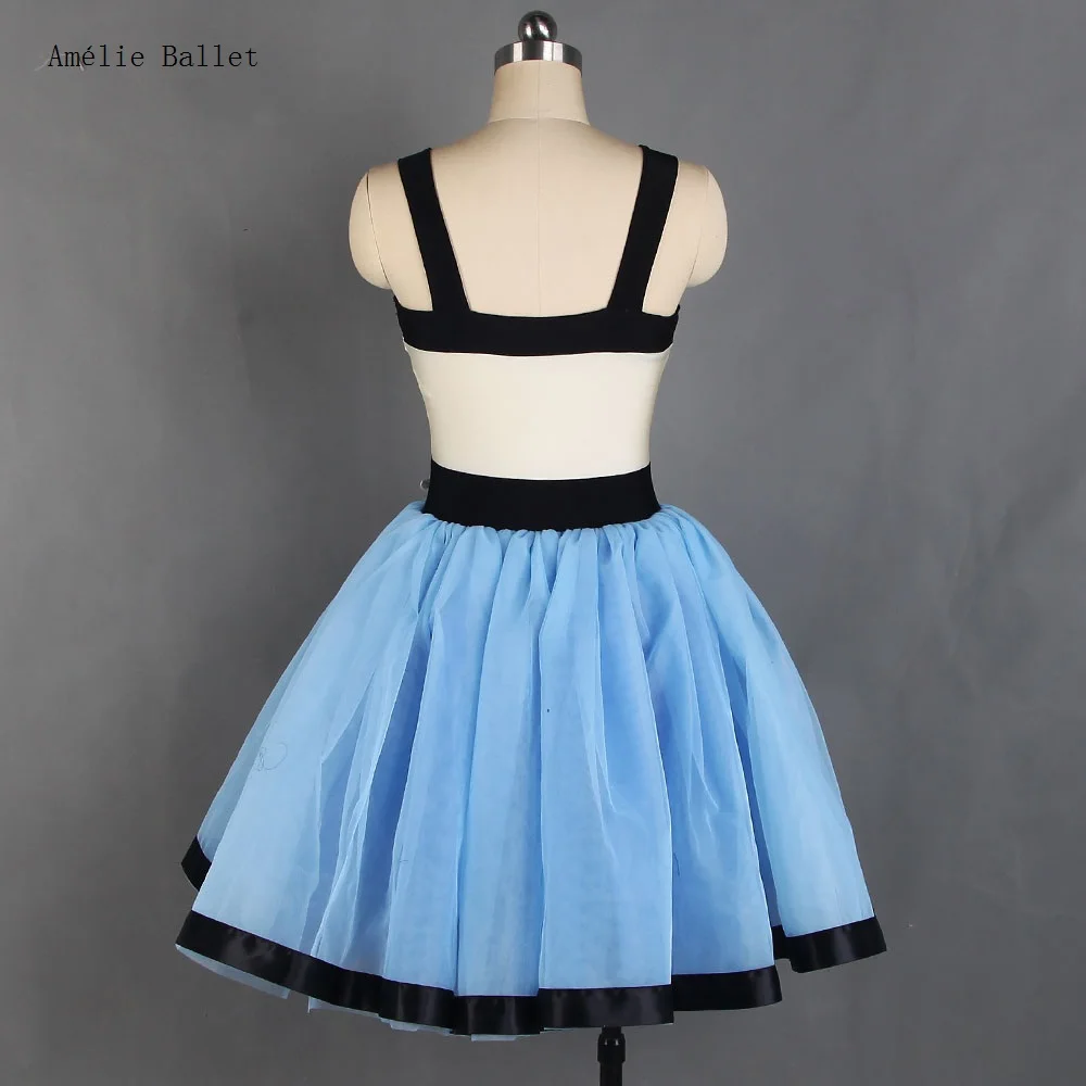 21059 Cream Spandex Bodice Attached Layers of Sky Blue Tulle Tutu Skirt with Black Ribbon Trim Edging Girls Women Ballet Costume