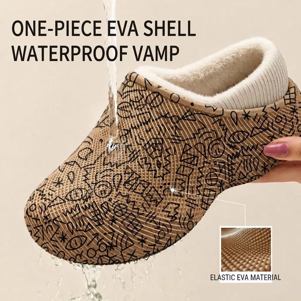 Winterwarme Baumwoll-Hausschuhe für Damen und Herren, wasserdichte EVA-Doodle-Stiefel, mit Fleece gefüttert, dicke Sohle, rutschfest, für drinnen und draußen, Hausschuhe – Detail 3