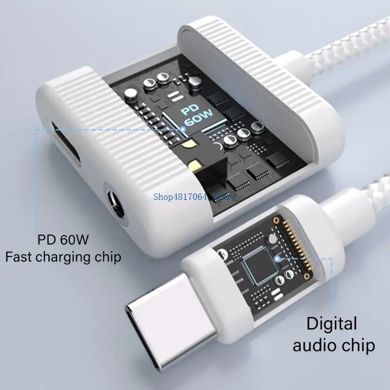 T3LB USB C to 3.5mm Headphone and Charging Adapter With HiRes Decoding And PD60W Fast Charging For Smartphones And Tablets