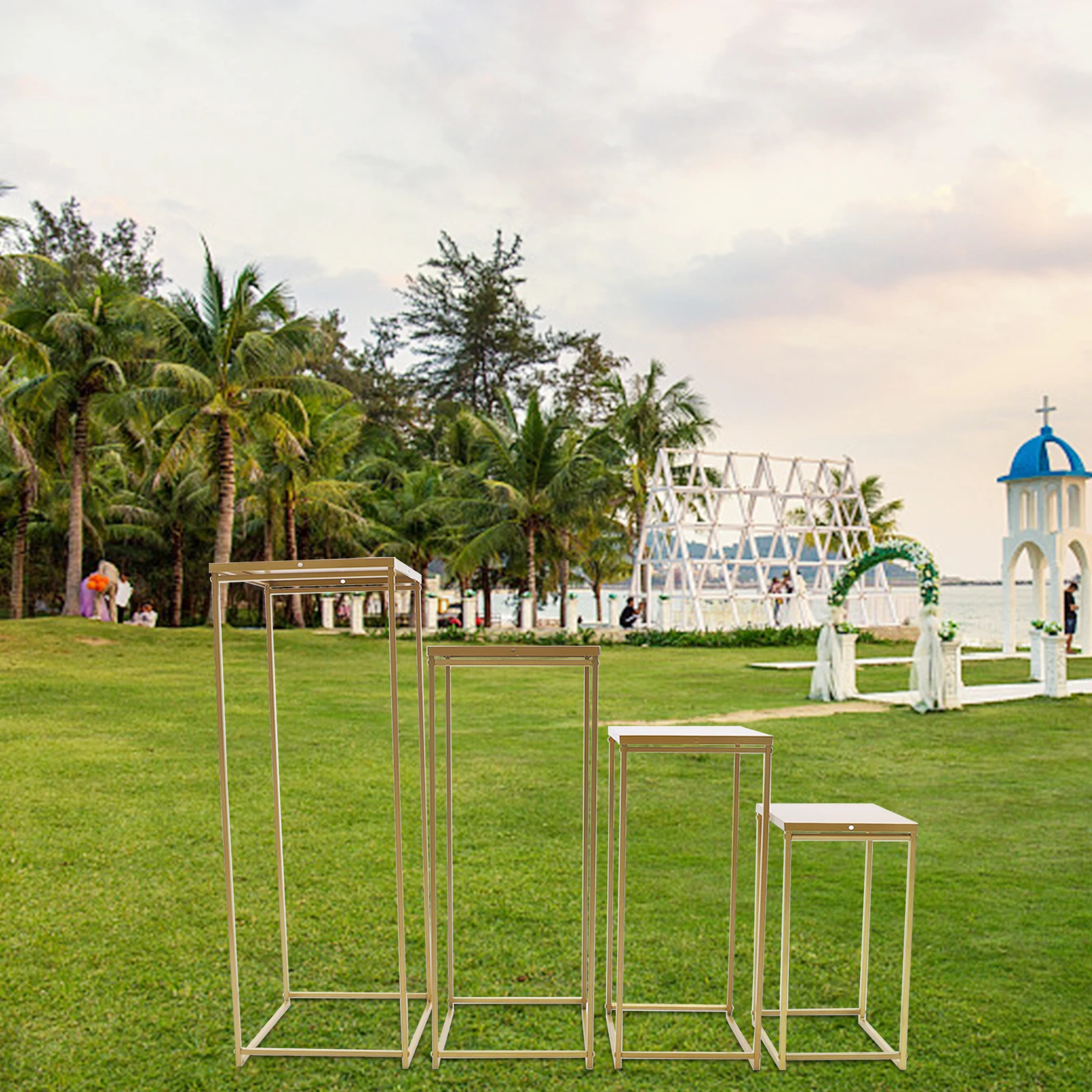 Soporte de flores de boda, centro de mesa rectangular de oro/blanco, soporte de Metal, jarrón, columna, soportes de fondo, fiesta de eventos, 4