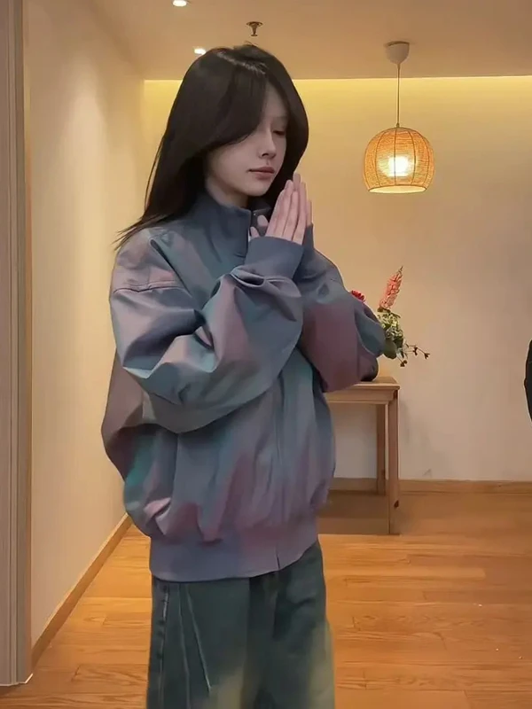 

Ретро Винтаж ex Атласный джет Весна Осень Свободный крой Воротник-стойка Мужская верхняя одежда для пар Ветрозащитная длинная све