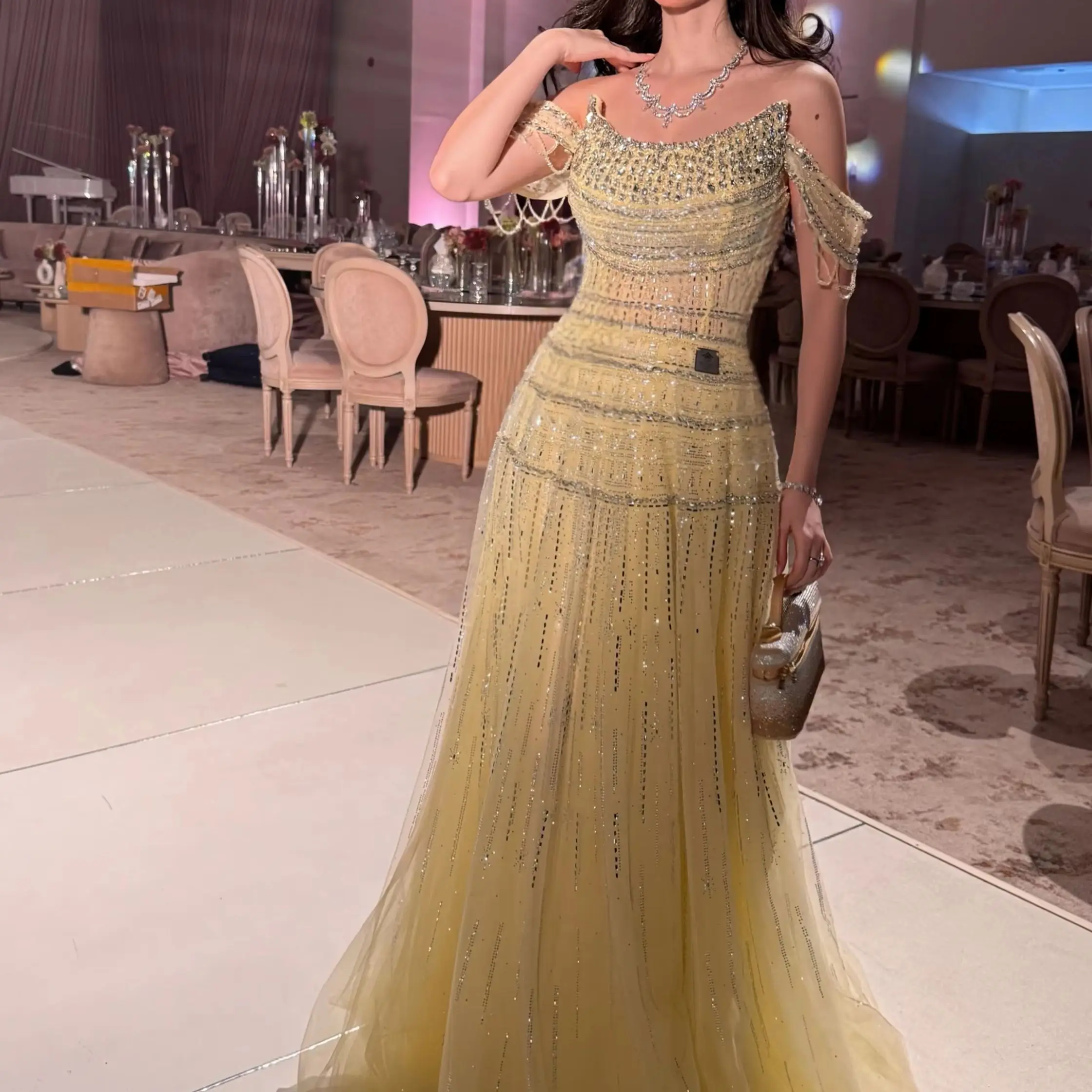 Customized Caramel Draped A-line Tulle Evening Dress Off the Shoulder with Crystal Party Gown Backless Floor Length Prom Dress