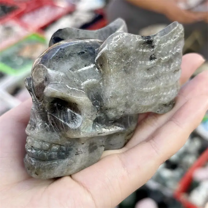 

Натуральный лабрадорит Крыло ангела Череп Резьба Исцеляющие камни фэншуй Ремесло фэн-шуй Резной для декора Праздничный подарок 1 шт.