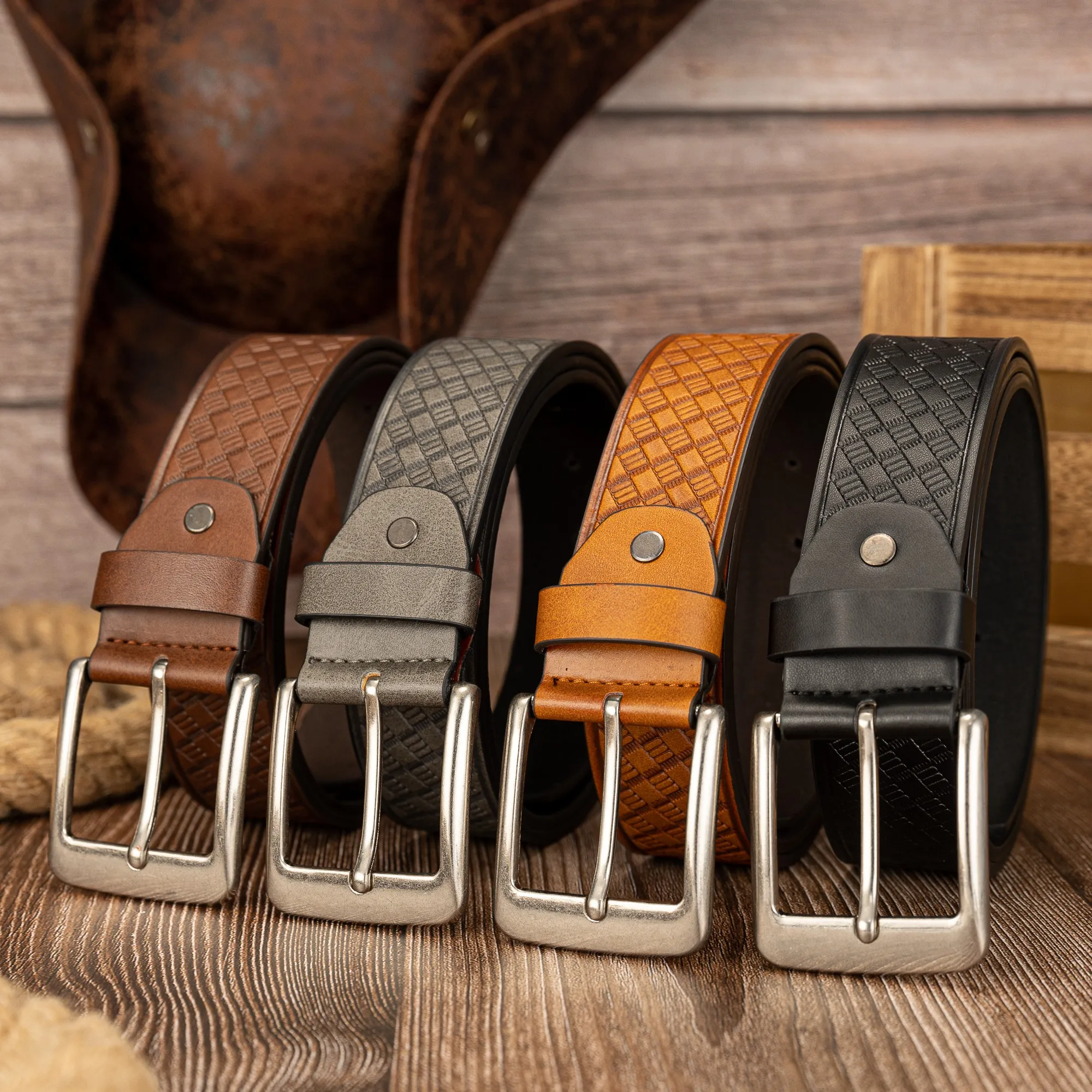 Needle buckle retro fashion checkerboard pattern PU embossed belt