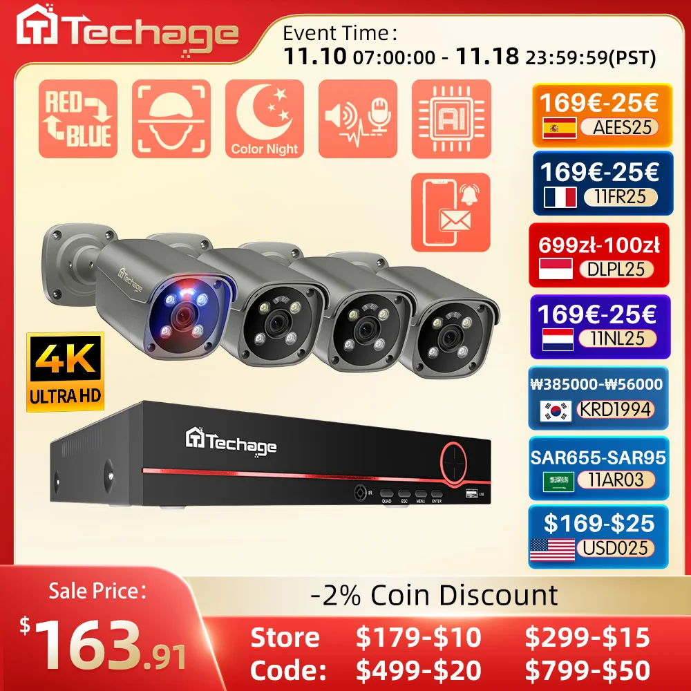 Techage 8CH 5MP 8MP 4K POE Camera System Two Way Audio Colorful Night Smart AI Face Detection CCTV Video Surveillance Clearance