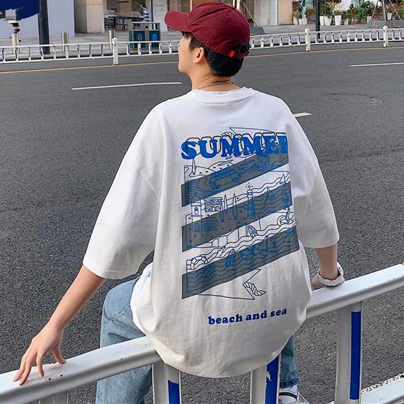 Pure Cotton Oversized Graphic T Shirts for Men Harajuku Brand Letter Creative T-shirt Summer Black White Short Sleeve Y2K Tops