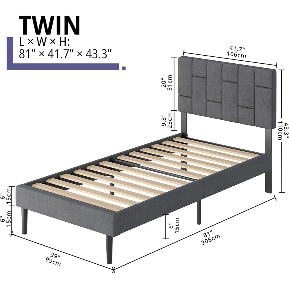 Estrutura de cama de solteiro, cama de plataforma estofada moderna com cabeceira, sem ruído, sem necessidade de molas, cinza